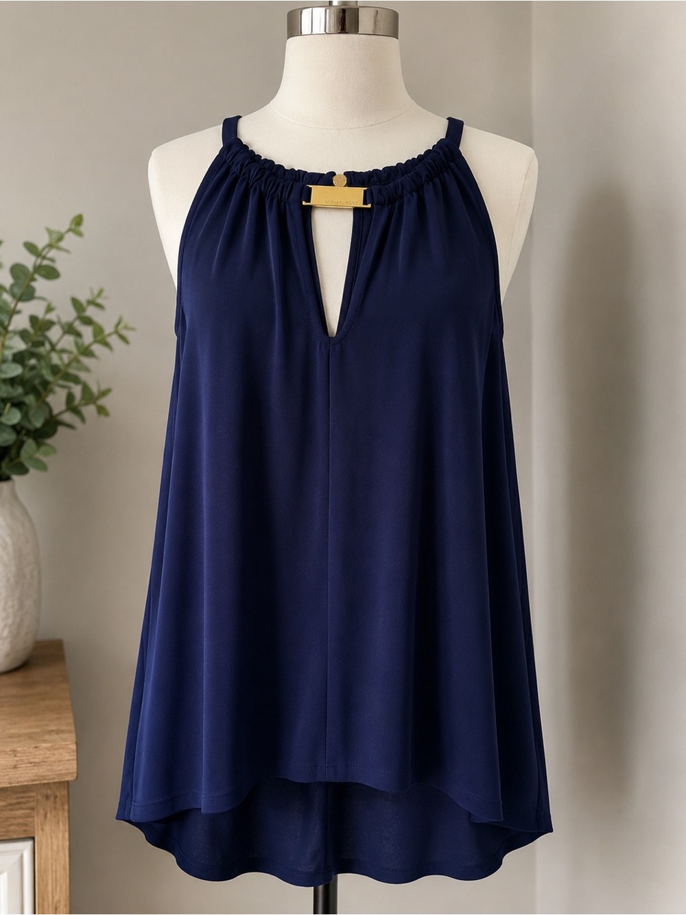Michael Kors Navy Halter Camisole with Gold Bar Accent